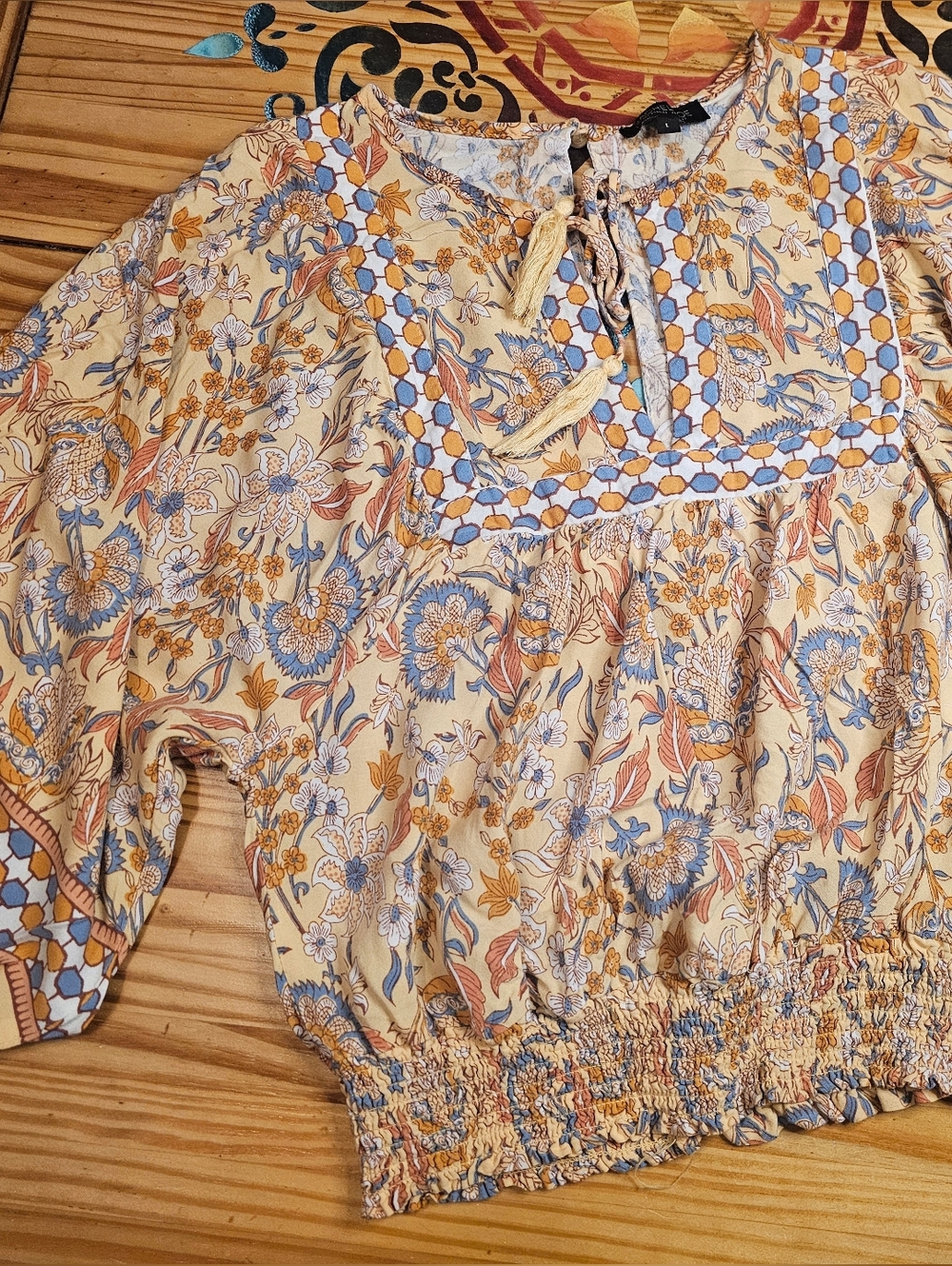 Rachel Zoe Smocked Floral Camisole in Cream, Blue & Brown - Picture 2 of 9